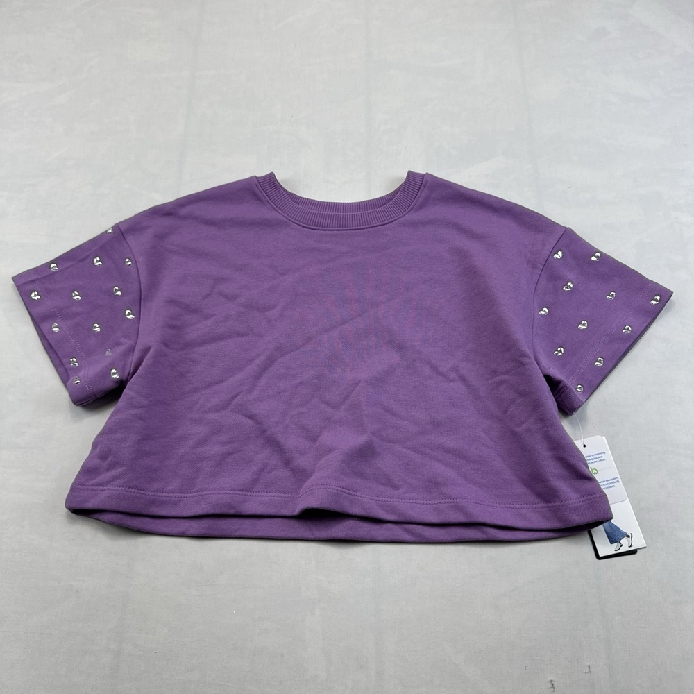 NWT Girls S 7-8 Purple Crop Tee Heart Stud Sleeves